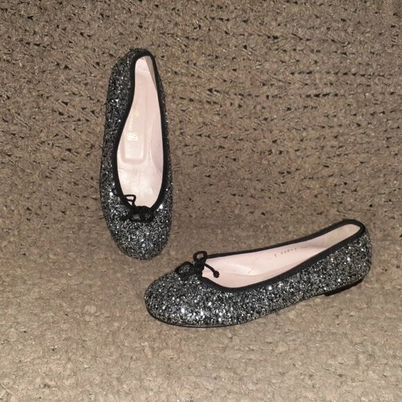 PRETTY BALLERINAS-Rosario-Black/Silver Glitter-Bow-Size 36-Excellent - Picture 1 of 7